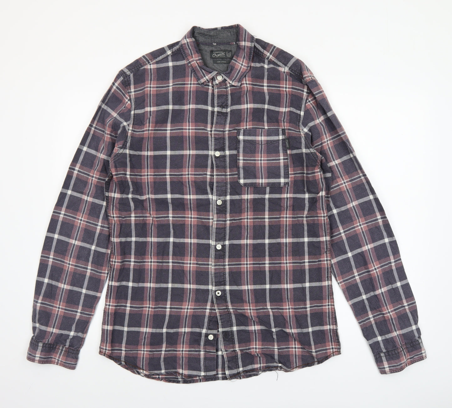 Jack & Jones Originals Men's Blue Checked Cotton Long Sleeve Shirt Large