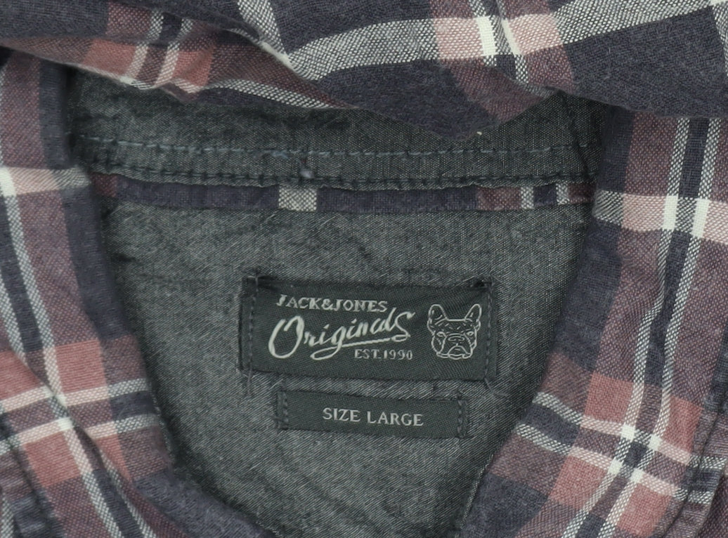 Jack & Jones Originals Men's Blue Checked Cotton Long Sleeve Shirt Large