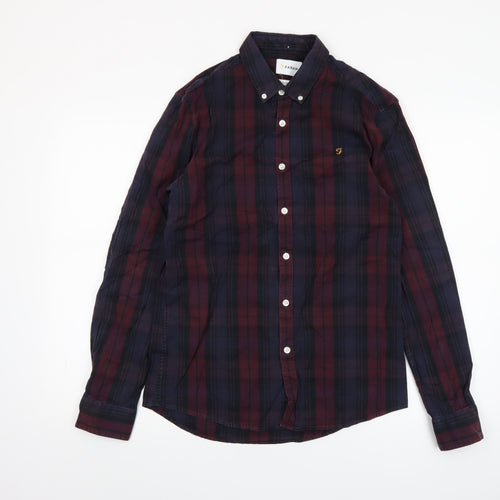 Farah Men Burgundy Navy Check Slim Fit Long Sleeve Shirt M