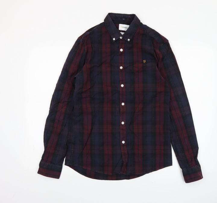Farah Men Burgundy Navy Check Slim Fit Long Sleeve Shirt M
