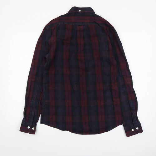 Farah Men Burgundy Navy Check Slim Fit Long Sleeve Shirt M