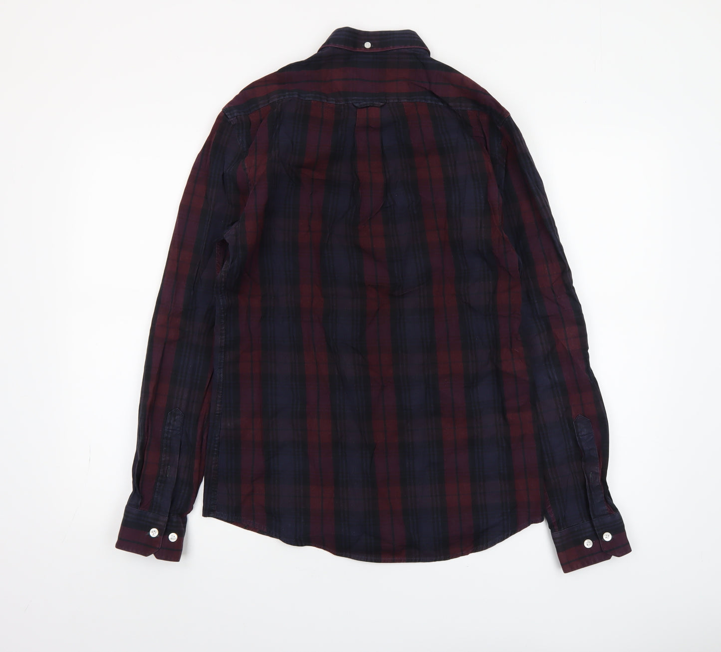 Farah Men Burgundy Navy Check Slim Fit Long Sleeve Shirt M