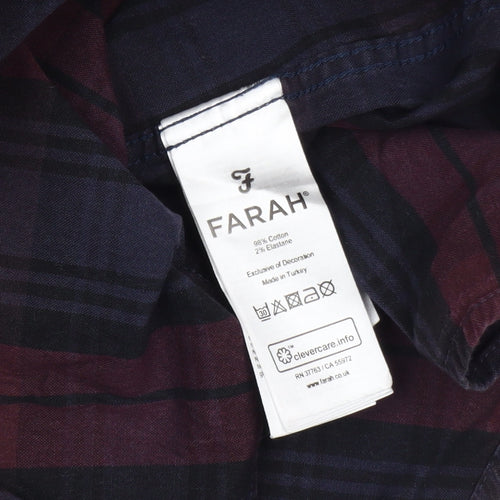 Farah Men Burgundy Navy Check Slim Fit Long Sleeve Shirt M