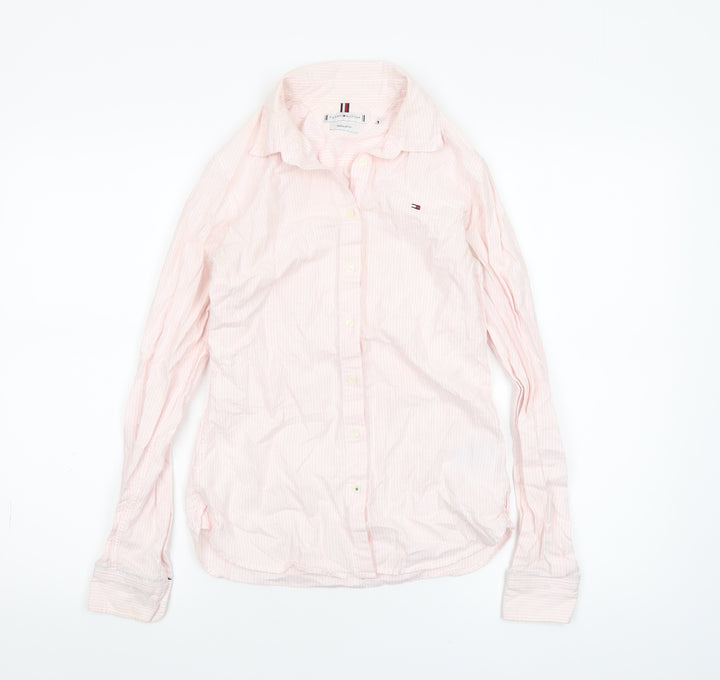 Tommy Hilfiger Women Pink Striped Button-Up Shirt Size 2 Regular Fit