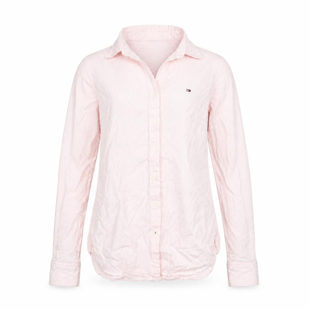 Front view of Tommy Hilfiger Women Pink Striped Button-Up Shirt, size 2, Regular Fit