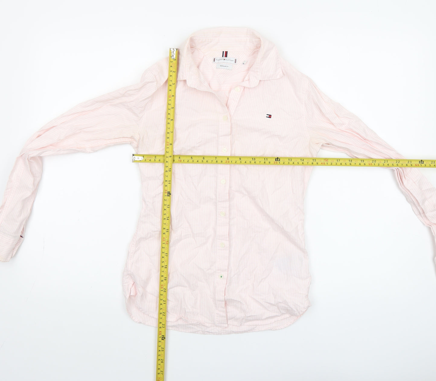 Tommy Hilfiger Women Pink Striped Button-Up Shirt Size 2 Regular Fit