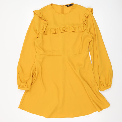 Zara Women Yellow A-Line Ruffle Long Sleeve Short Dress Size 14