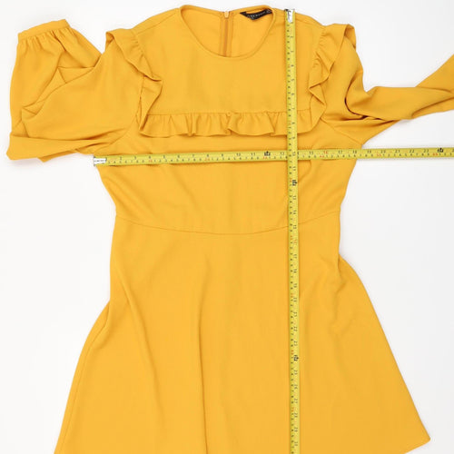 Zara Women Yellow A-Line Ruffle Long Sleeve Short Dress Size 14
