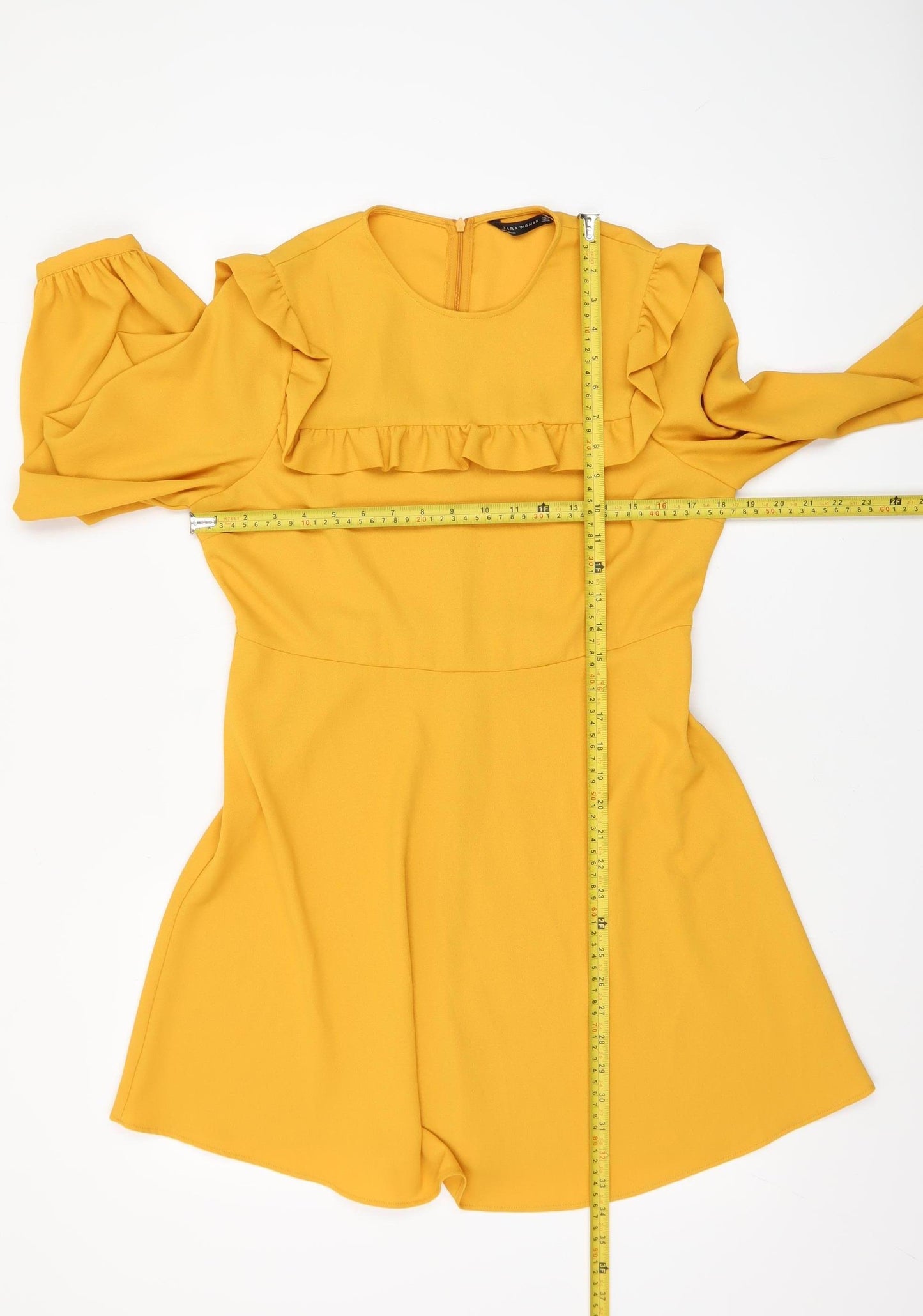 Zara Women Yellow A-Line Ruffle Long Sleeve Short Dress Size 14