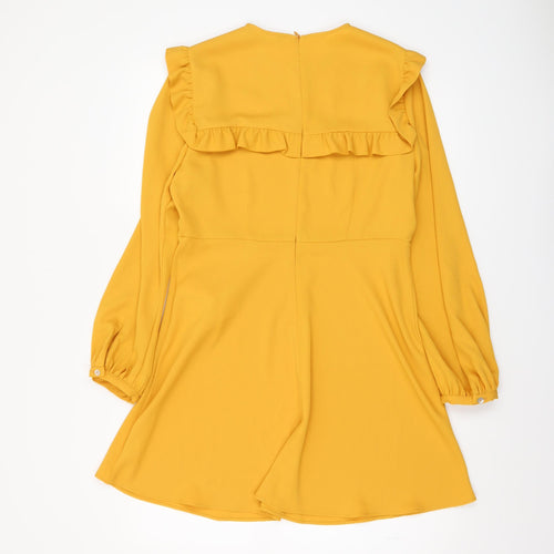 Zara Women Yellow A-Line Ruffle Long Sleeve Short Dress Size 14