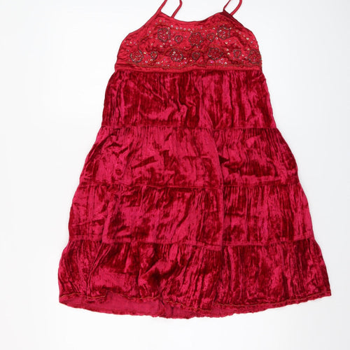 Next Girls Red Velvet Beaded Party Dress 9 Years Fit & Flare Knee Length