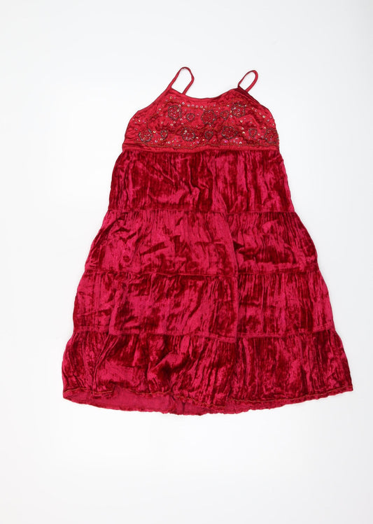 Next Girls Red Velvet Beaded Party Dress 9 Years Fit & Flare Knee Length