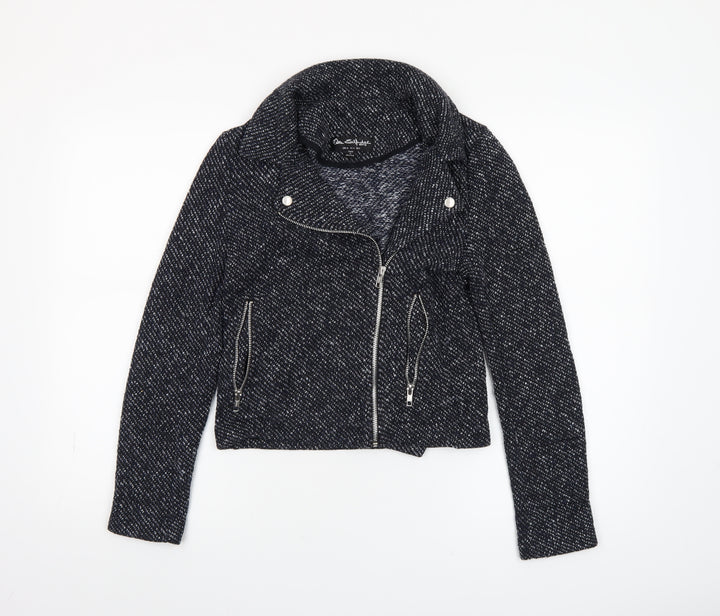 Miss Selfridge Women Black Tweed Biker Jacket UK 8 Cropped Zip Style