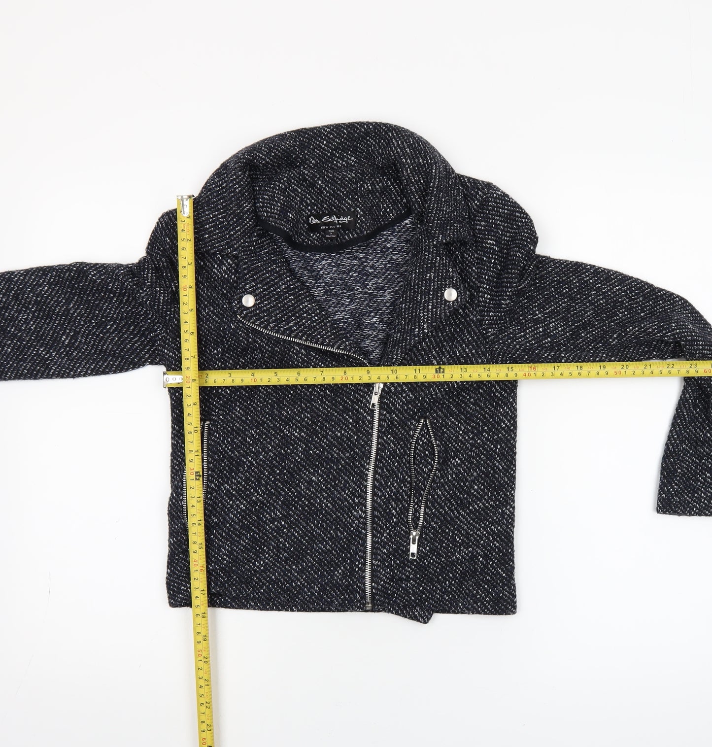 Miss Selfridge Women Black Tweed Biker Jacket UK 8 Cropped Zip Style