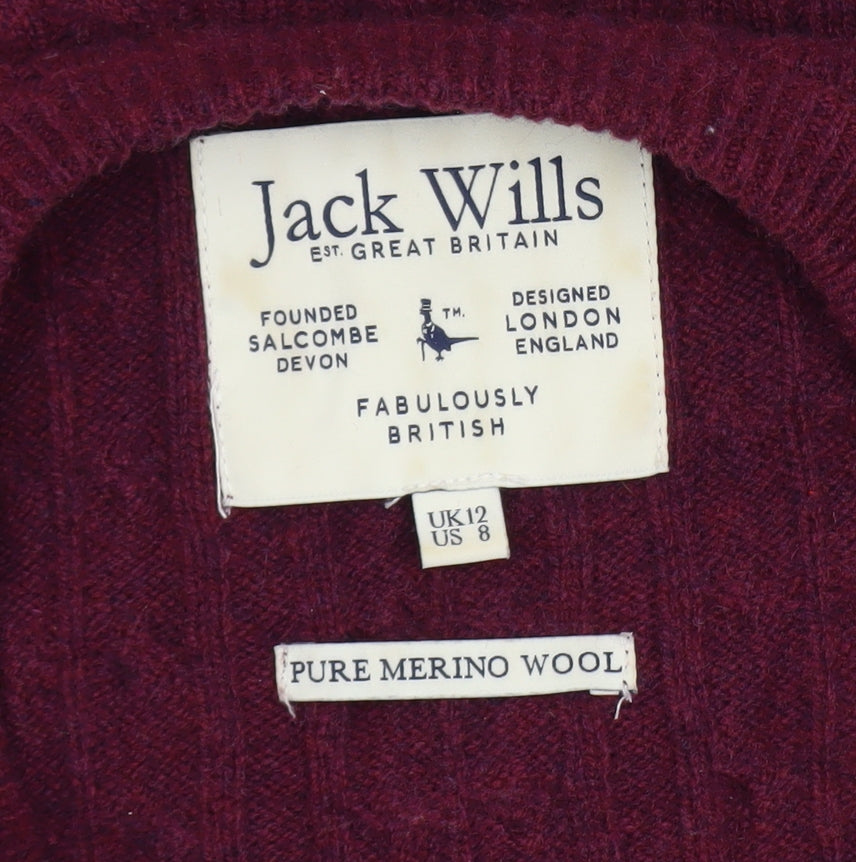 Jack Wills Women's Red Merino Wool Cable Knit Jumper Size 12