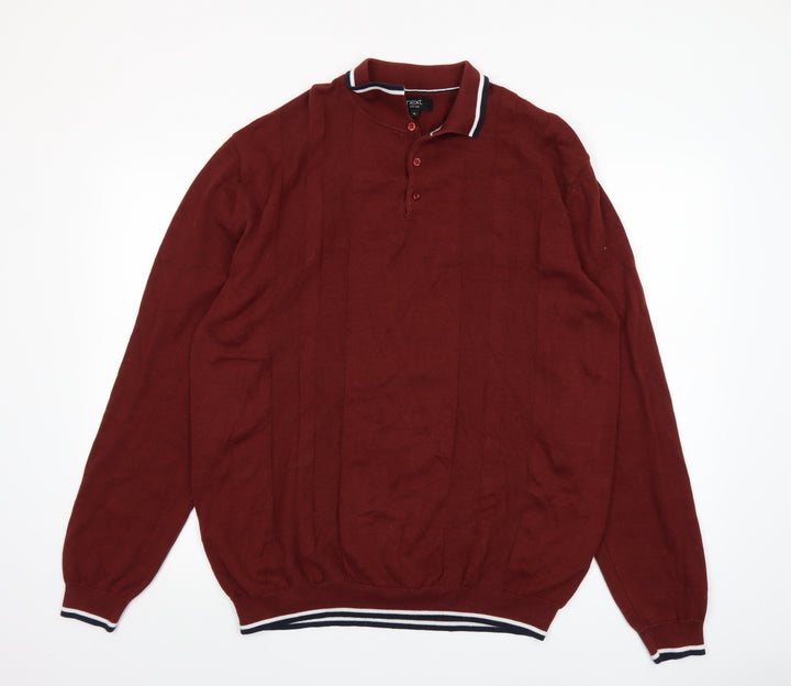 Next Men’s Red Cotton Henley Jumper XL Long Sleeve Classic Knit
