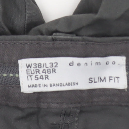 Denim Co. Men's Grey Slim Fit Chino Trousers 38W 32L Cotton Blend