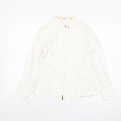 Tinta Women White Collared Zip Blouse Size 14 Cotton Stretch