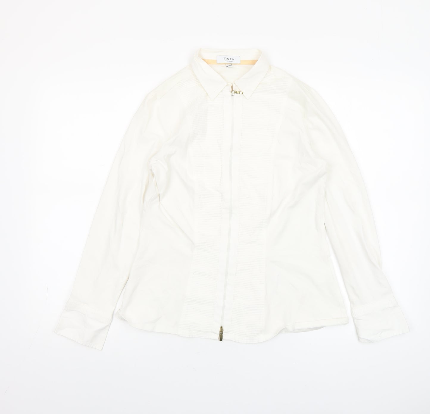 Tinta Women White Collared Zip Blouse Size 14 Cotton Stretch