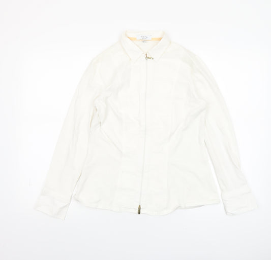Tinta Women White Collared Zip Blouse Size 14 Cotton Stretch