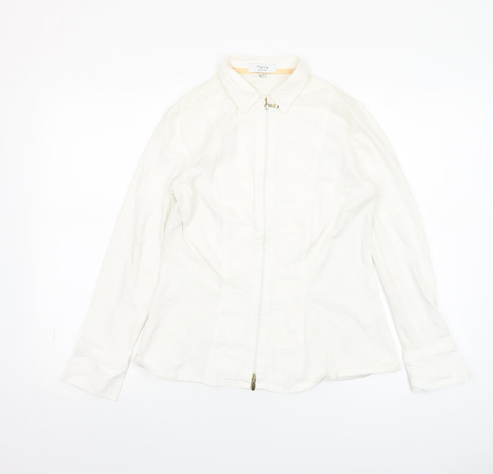 Tinta Women White Collared Zip Blouse Size 14 Cotton Stretch