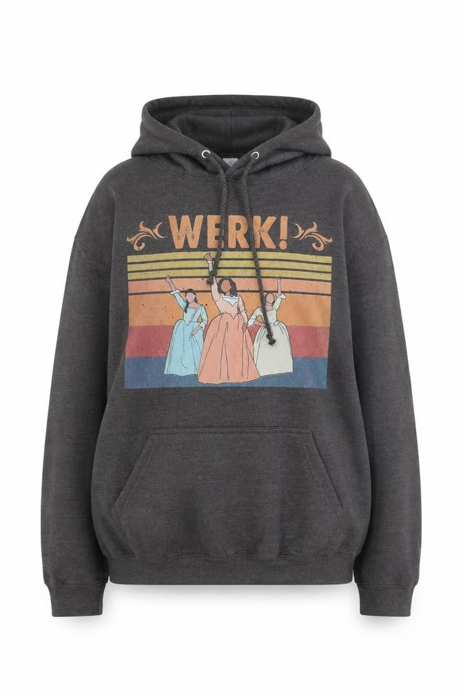Front view of Just Hoods AWDis women’s charcoal graphic pullover hoodie, size L