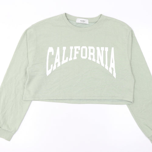 Pull & Bear Women Green Crop Pullover Sweatshirt Size M CALIFORNIA Print