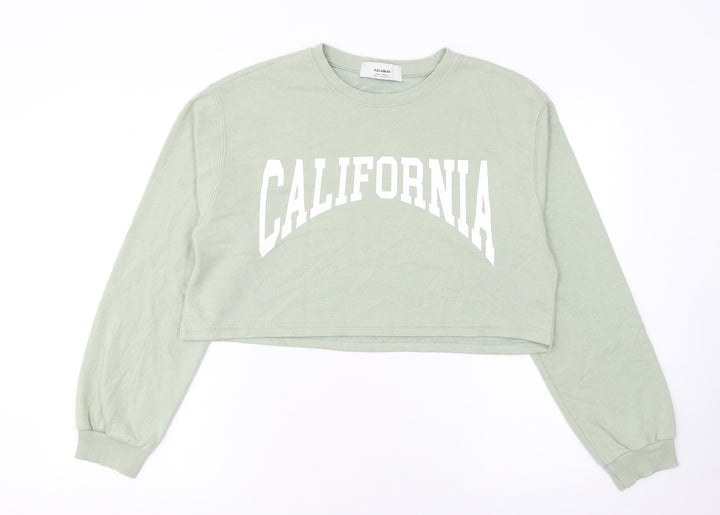Pull & Bear Women Green Crop Pullover Sweatshirt Size M CALIFORNIA Print