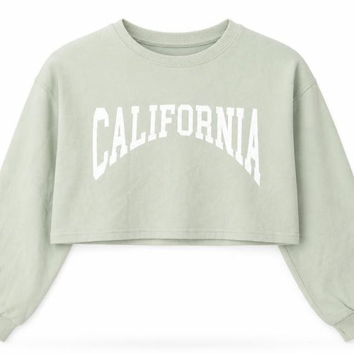 Pull&Bear Women Green Crop Pullover Sweatshirt Size M CALIFORNIA Print