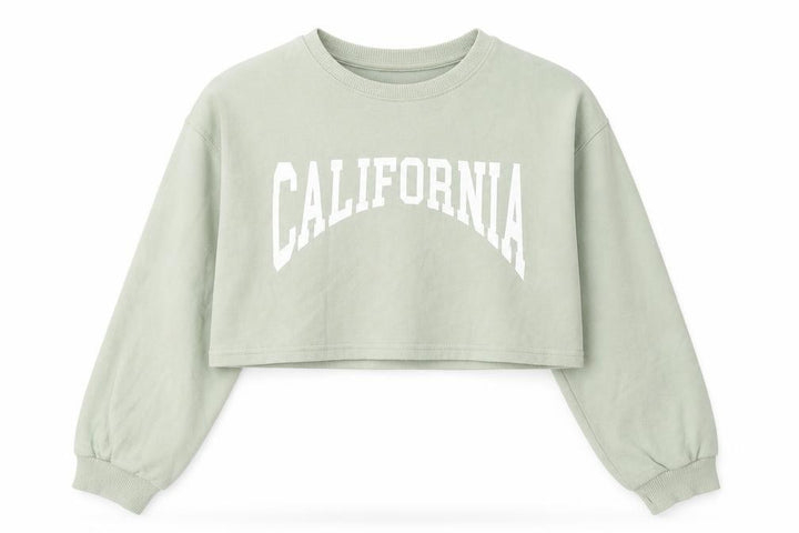 Pull&Bear Women Green Crop Pullover Sweatshirt Size M CALIFORNIA Print