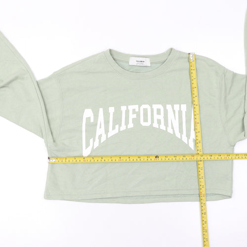 Pull & Bear Women Green Crop Pullover Sweatshirt Size M CALIFORNIA Print