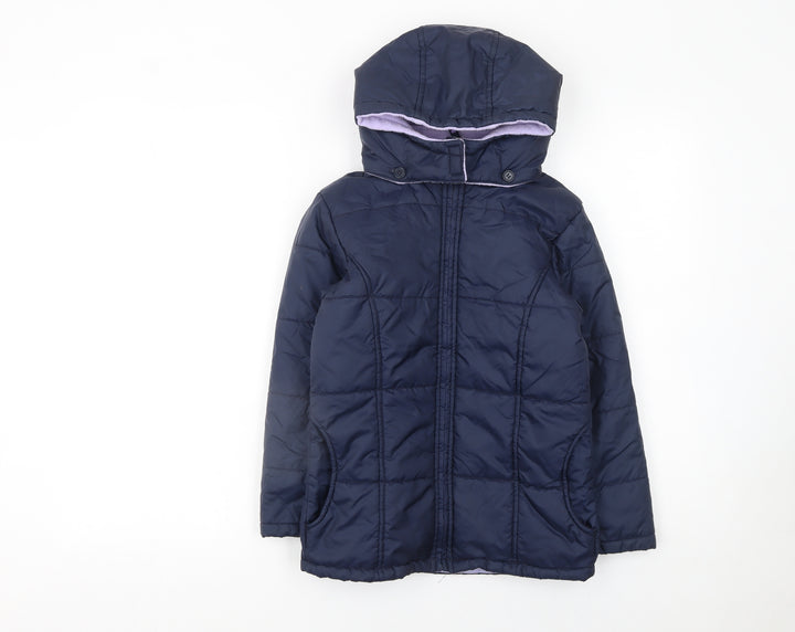 Adams Girls Blue Hooded Puffer Jacket 8 Years Nylon Mid-Length Coat