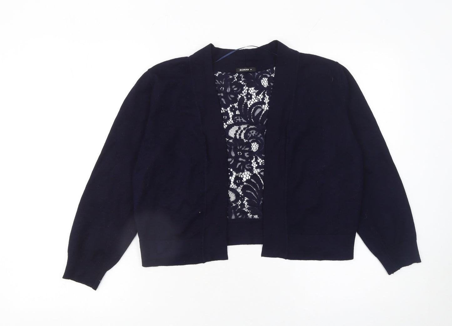Roman Women’s Navy Blue Lace Back Open Front Long Sleeve Cardigan Size 14