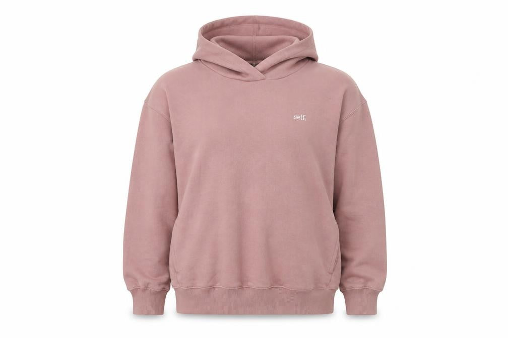 Front view of Self Women’s Pink Pullover Hoodie, size S, Cotton Blend Casual