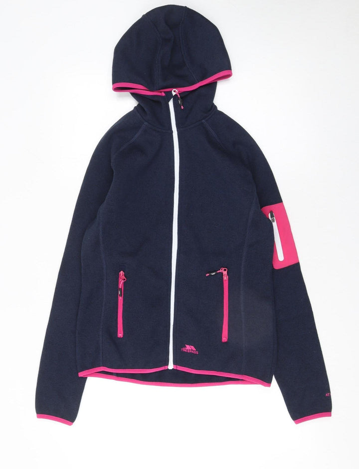 Trespass Womens Navy Pink Full Zip Hooded Fleece Jacket Size UK10
