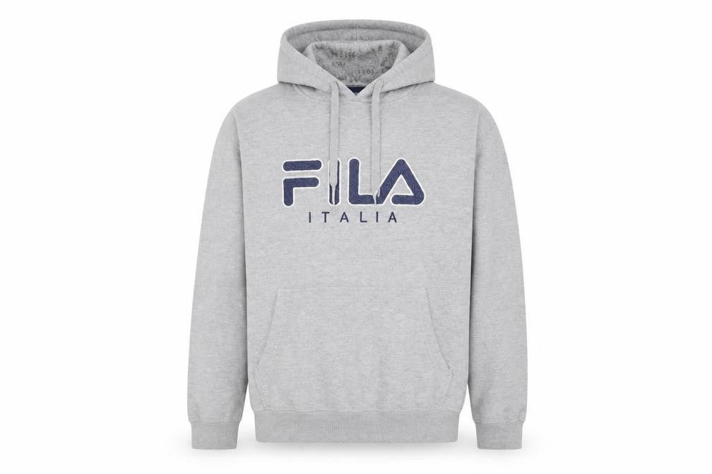 Front view of Fila men’s grey pullover hoodie m logo fleece sportswear