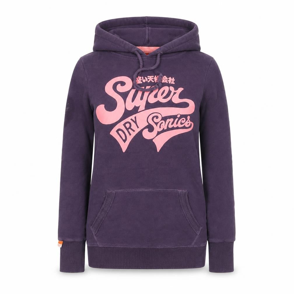 Front view of Superdry Women's Purple Pullover Hoodie XS Cotton Blend Graphic