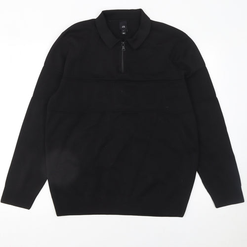 River Island Men's Black Long Sleeve 1/4 Zip Polo Top Size L