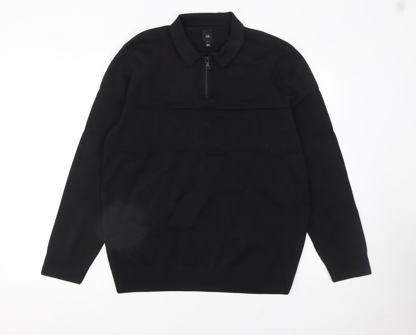 River Island Men's Black Long Sleeve 1/4 Zip Polo Top Size L
