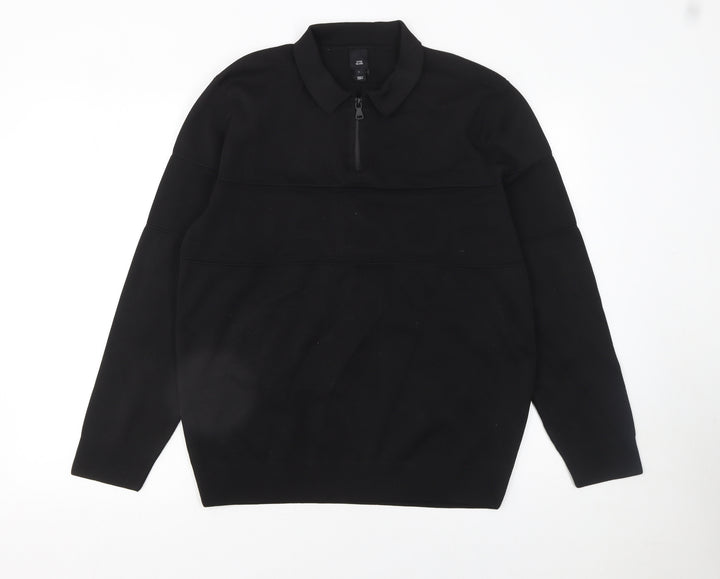 River Island Men's Black Long Sleeve 1/4 Zip Polo Top Size L