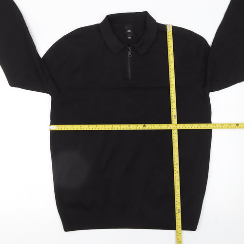 River Island Men's Black Long Sleeve 1/4 Zip Polo Top Size L