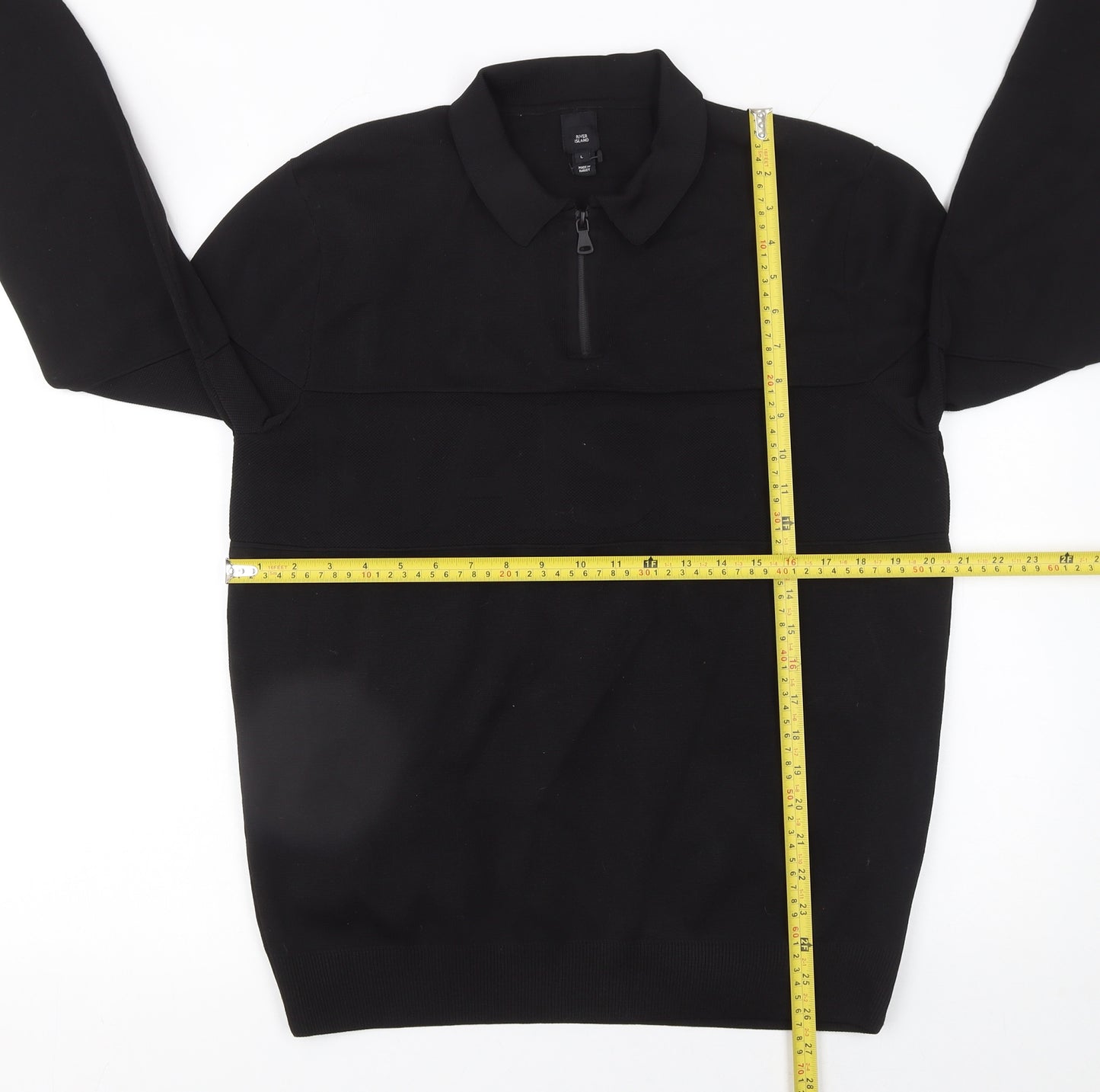 River Island Men's Black Long Sleeve 1/4 Zip Polo Top Size L