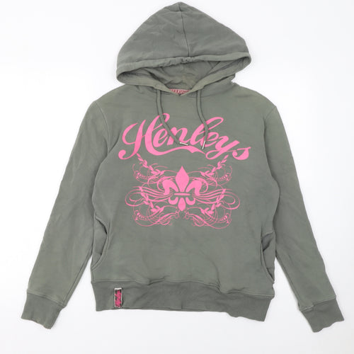 Henleys Womens Green Pink Graphic Pullover Hoodie Size 2 Cotton Blend