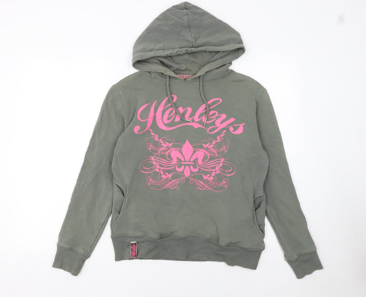 Henleys Womens Green Pink Graphic Pullover Hoodie Size 2 Cotton Blend
