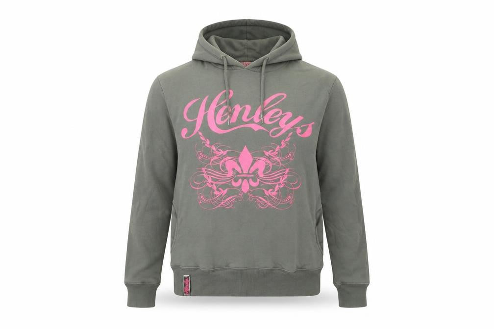 Front view of Henleys women’s green pink graphic pullover hoodie, size UK 2, cotton blend