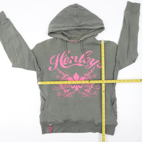 Henleys Womens Green Pink Graphic Pullover Hoodie Size 2 Cotton Blend