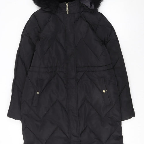 Lipsy Women Black Long Puffer Coat Hooded Faux Fur Trim Size 12