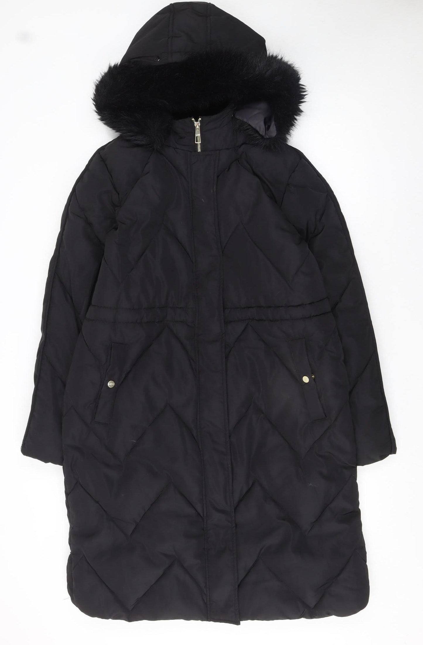 Lipsy Women Black Long Puffer Coat Hooded Faux Fur Trim Size 12
