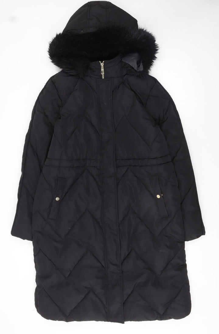 Lipsy Women Black Long Puffer Coat Hooded Faux Fur Trim Size 12