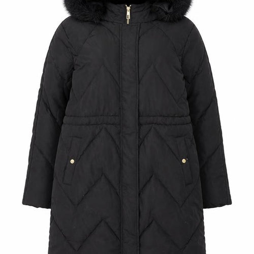 Lipsy Women Black Long Puffer Coat Hooded Faux Fur Trim Size 12